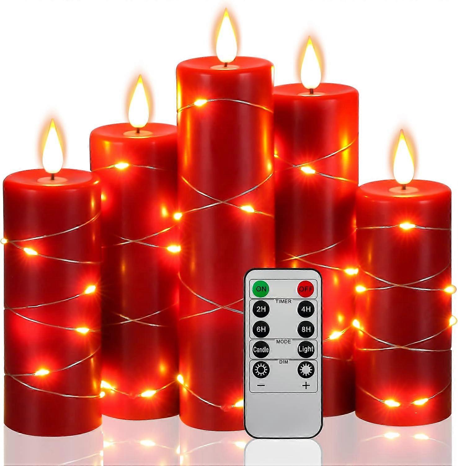 Flameless Candles 5-Pack Fairy String Lights LED Candles,360 Degree Viewing Angle, with Starry String Lights, Dancing Flame,(Red).