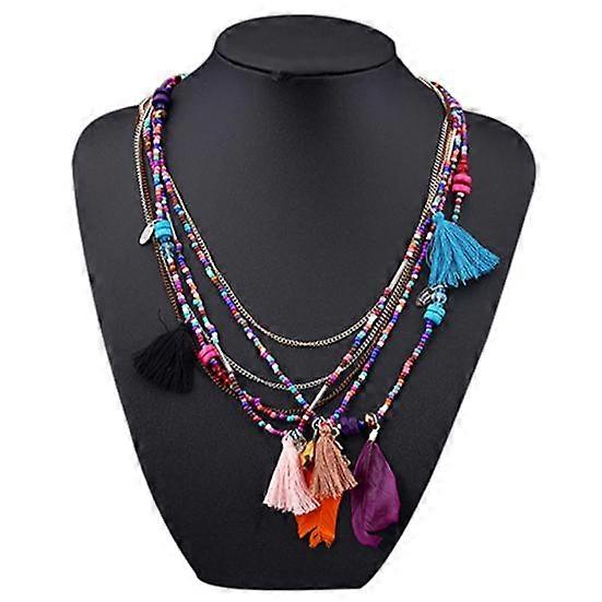 Women's Boho Ethnic Style Feathers Tassels Beads Multi-layer Chain Necklace
