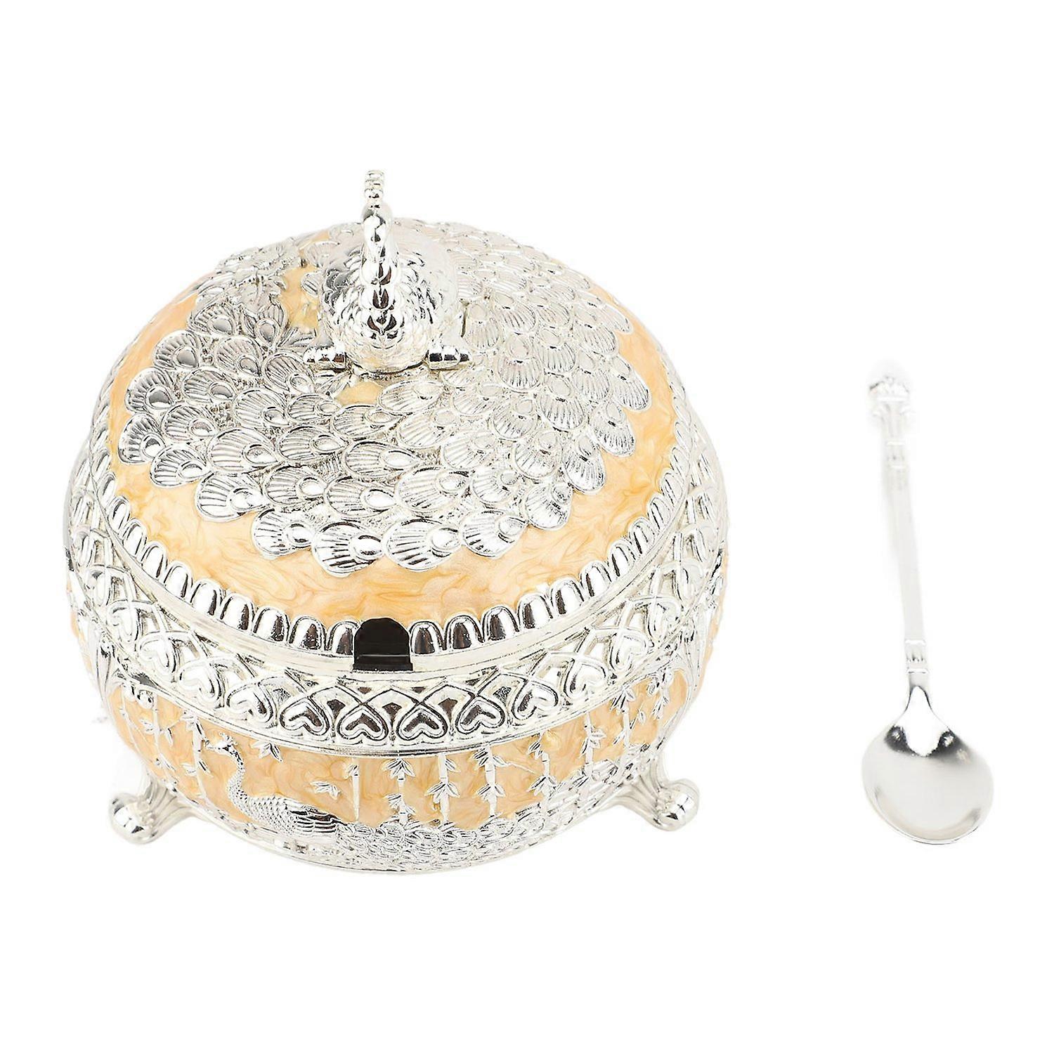 Peacock Sugar Bowl Exquisite Embossed Sugar Pot with Lid and Spoon for Kitchen Table Decoration Silv