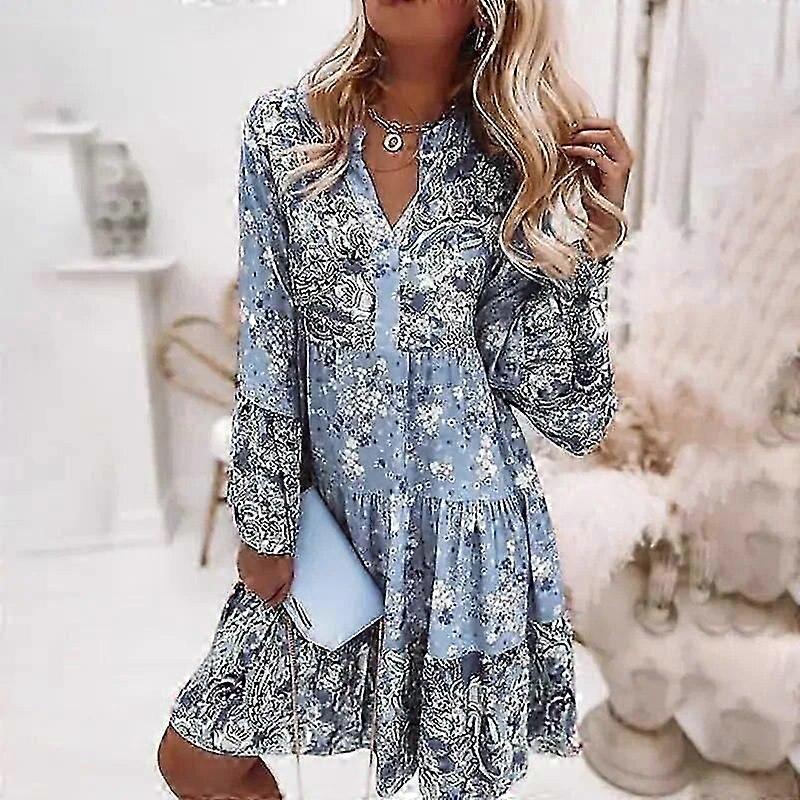 Sweet Style Multi-layer Patchwork Hem Dress Women V Neck Pullover Flared Sleeves Dresses Female Casual Bohemian Print Midi