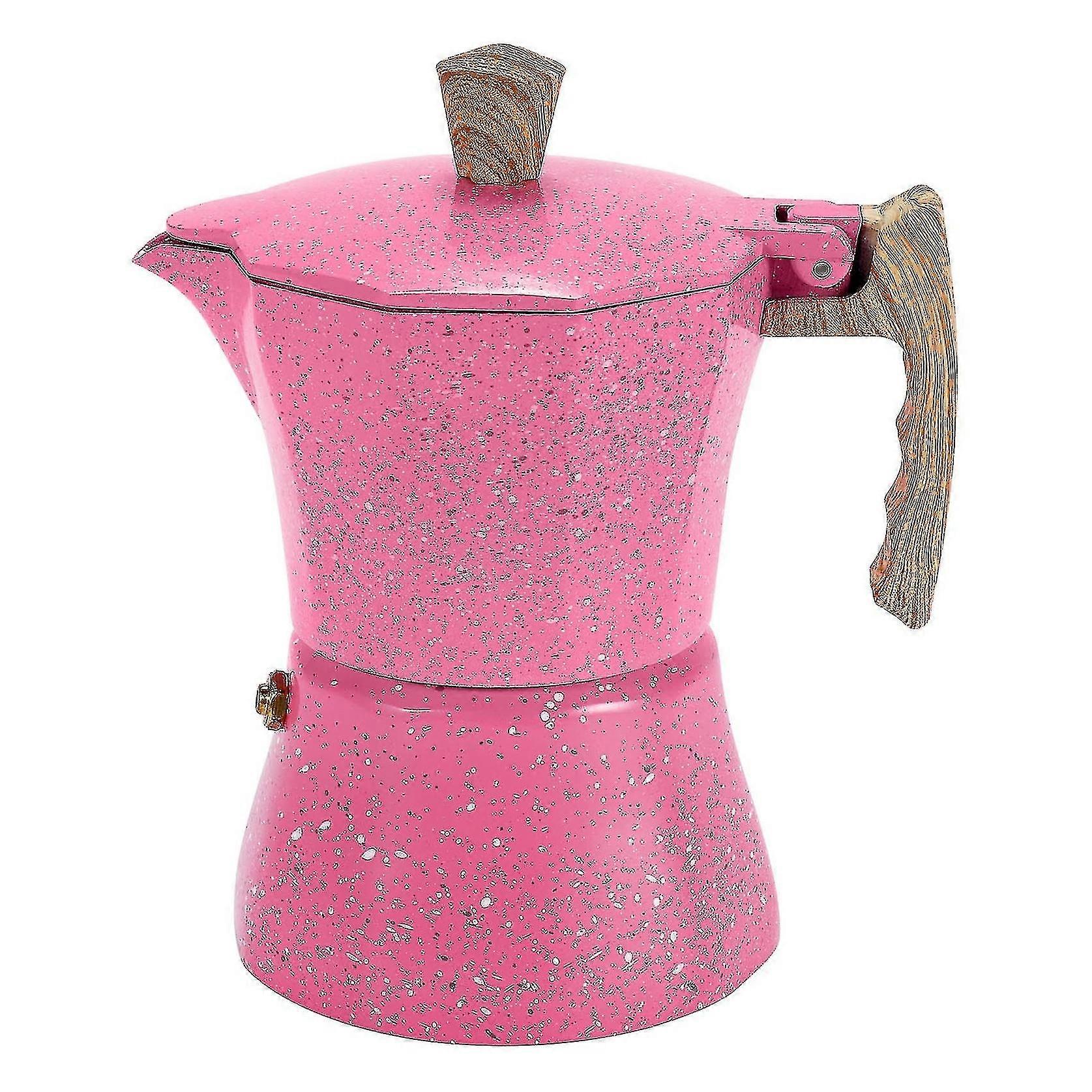 קנקן קפה, ורוד עם עיצוב מנומר, עץ - מראה ידית וידית, אידיאלי לבישול כיריים