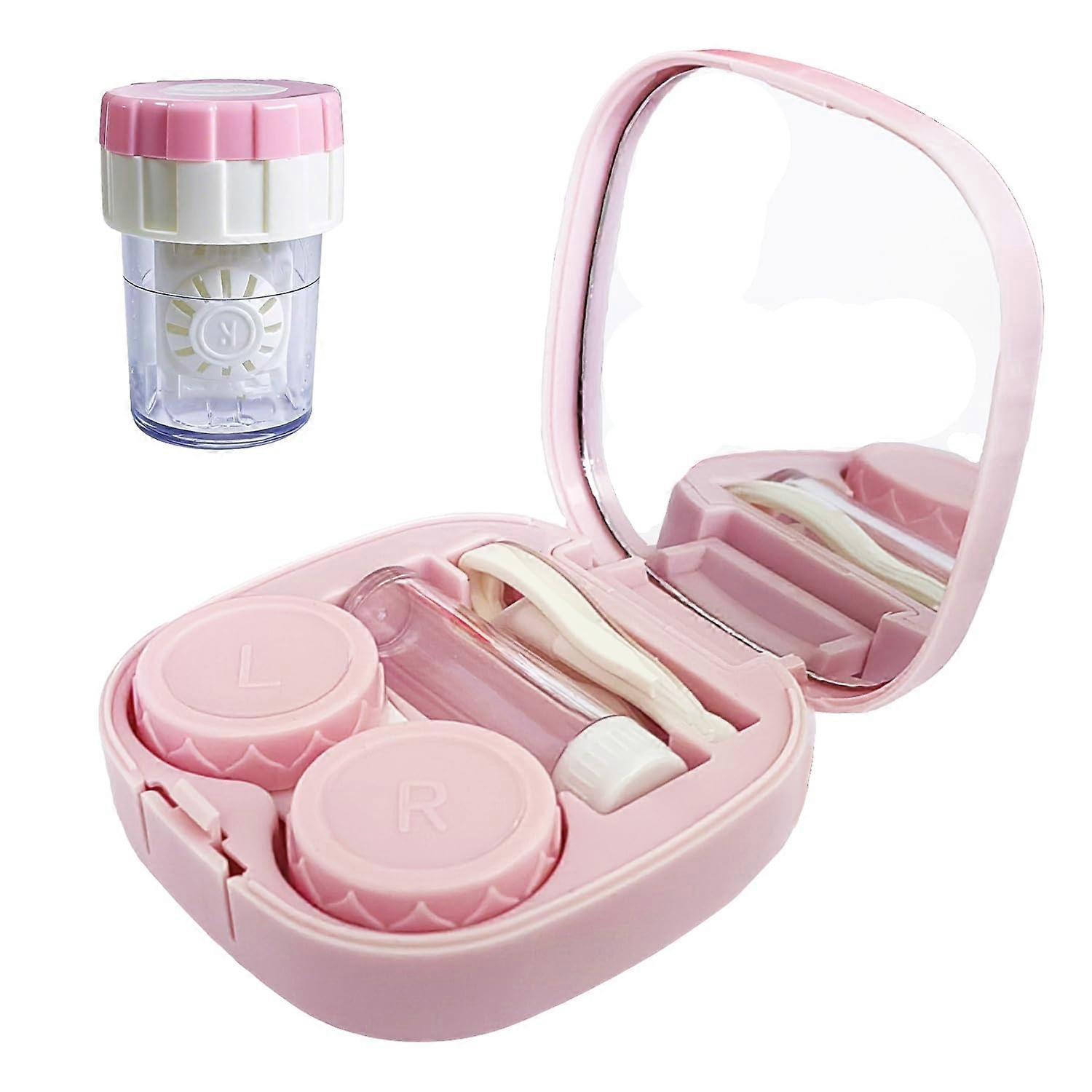 Contact Lens Case Kit with Cleaning Washer, Contact Lens Applicator Removal Tool Kit with Lens Solution Bottle for Daily and Outdoor Use (Pink)