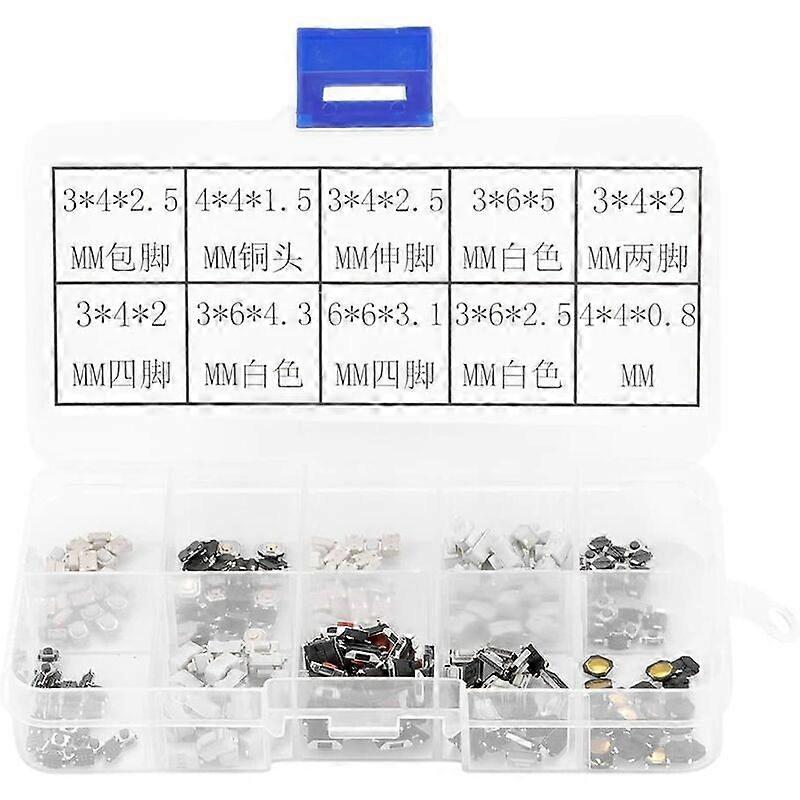 250pcs 10 Types Tactile Push Button Micro Switch Momentary Tact Assortment Kit with Plastic Box for Car Remote Control Key
