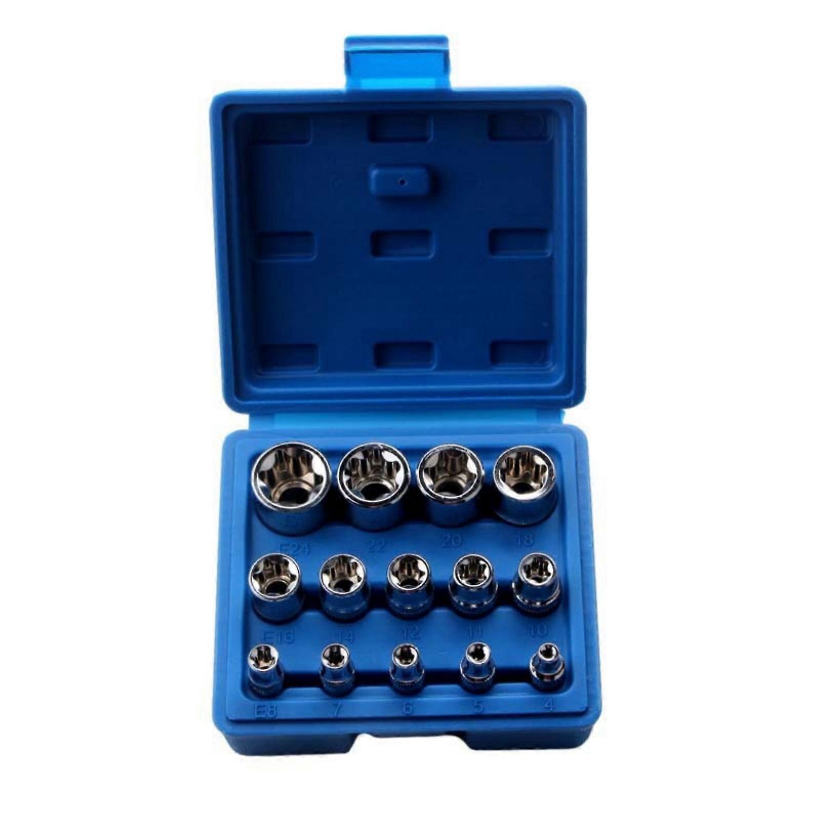 14Pcs Female E-Star Socket Set with Storage Case Drive External Star Socket Set E4-E24 Hexagonal Socket Nut Set  Blue