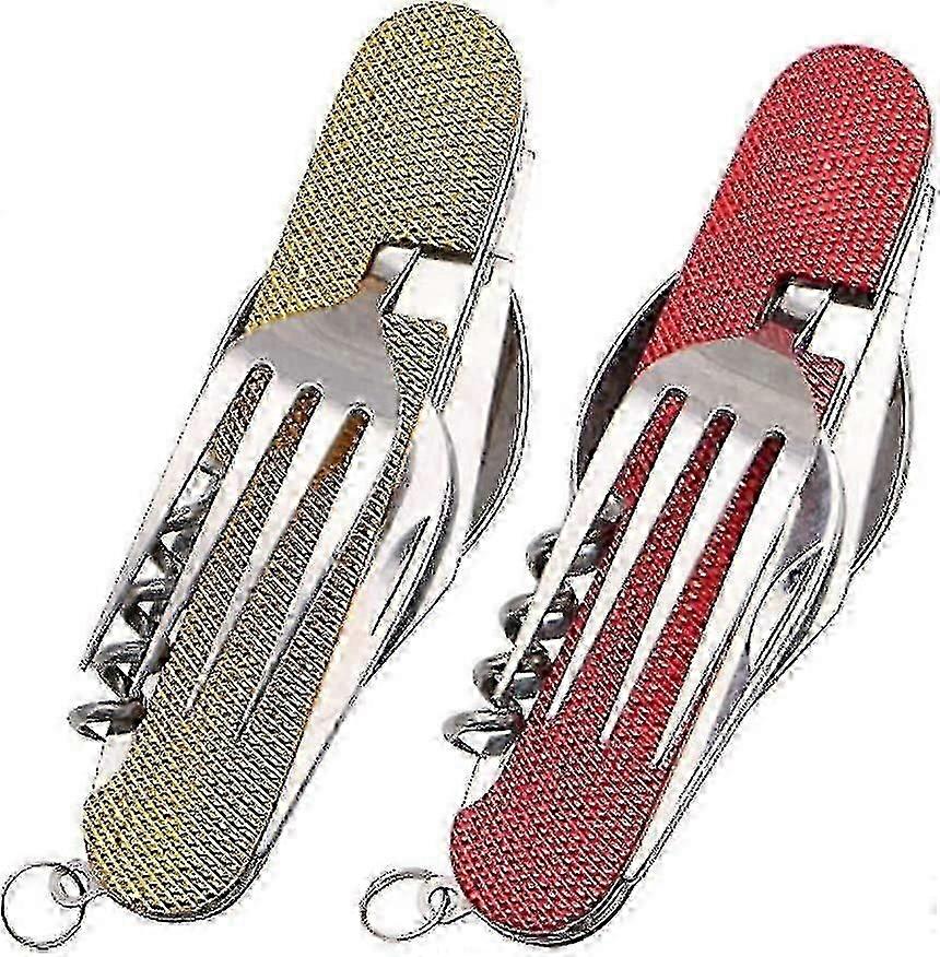 Ensemble de couverts de camping pliants En acier inoxydable Ustensile portable 6 en 1 Multitool Kit 2pc, jaune + rouge