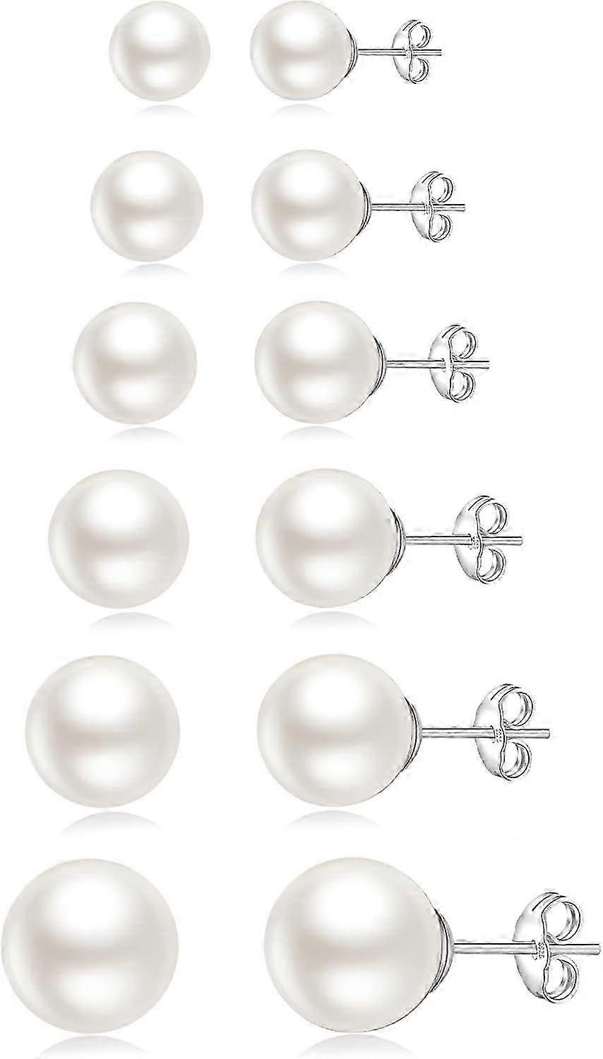 925 Sterling Silver Pearl Earrings Studs Set - Hypoallergenic Small Shiny Studs for Women, 6 Pairs