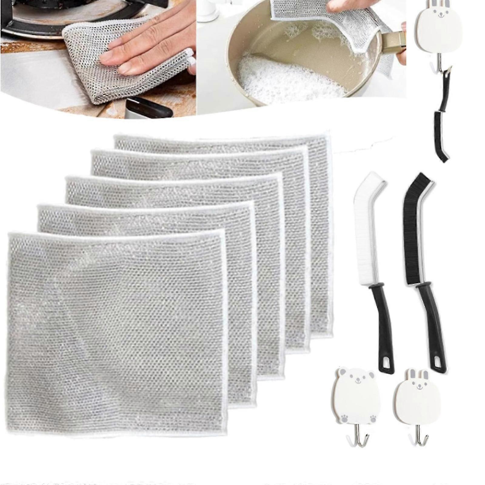Multifunctional Non-Scratch Wire Dishcloth, 5 Rags + 2 Brushes + 2 Hooks Multipurpose Wire Dishwashing Rags for Wet and Dry for Dishes, Sinks, Counter