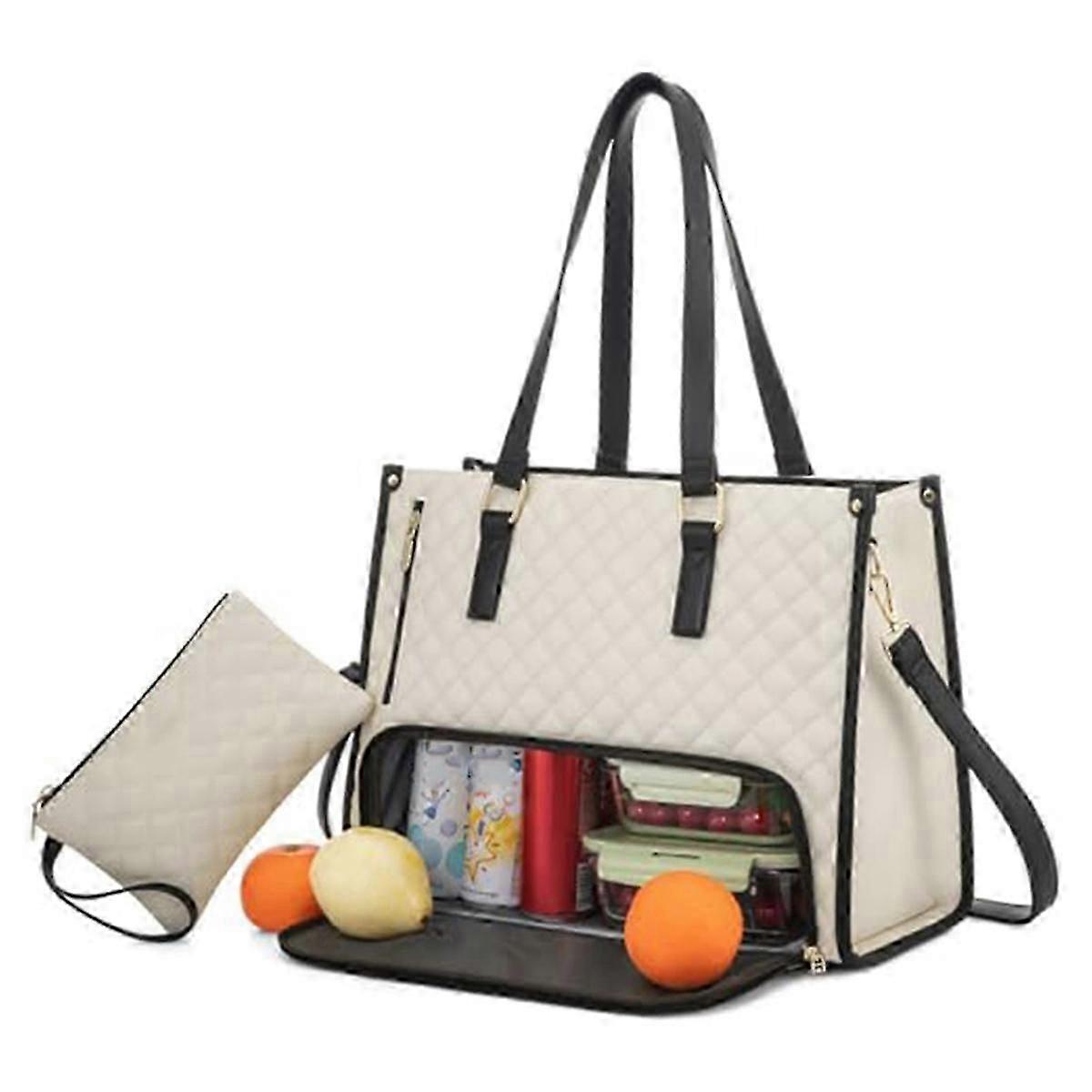 Bagstellar Laptop Tote With Insulated Lunch Compartment - 15.6" Laptop Sleeve, Quilted Water-Resistant Work Bag For Women