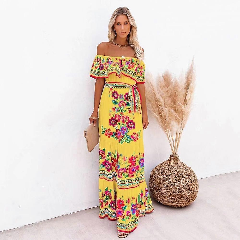 Women's Summer One Shoulder Printed Long Swing Dresses