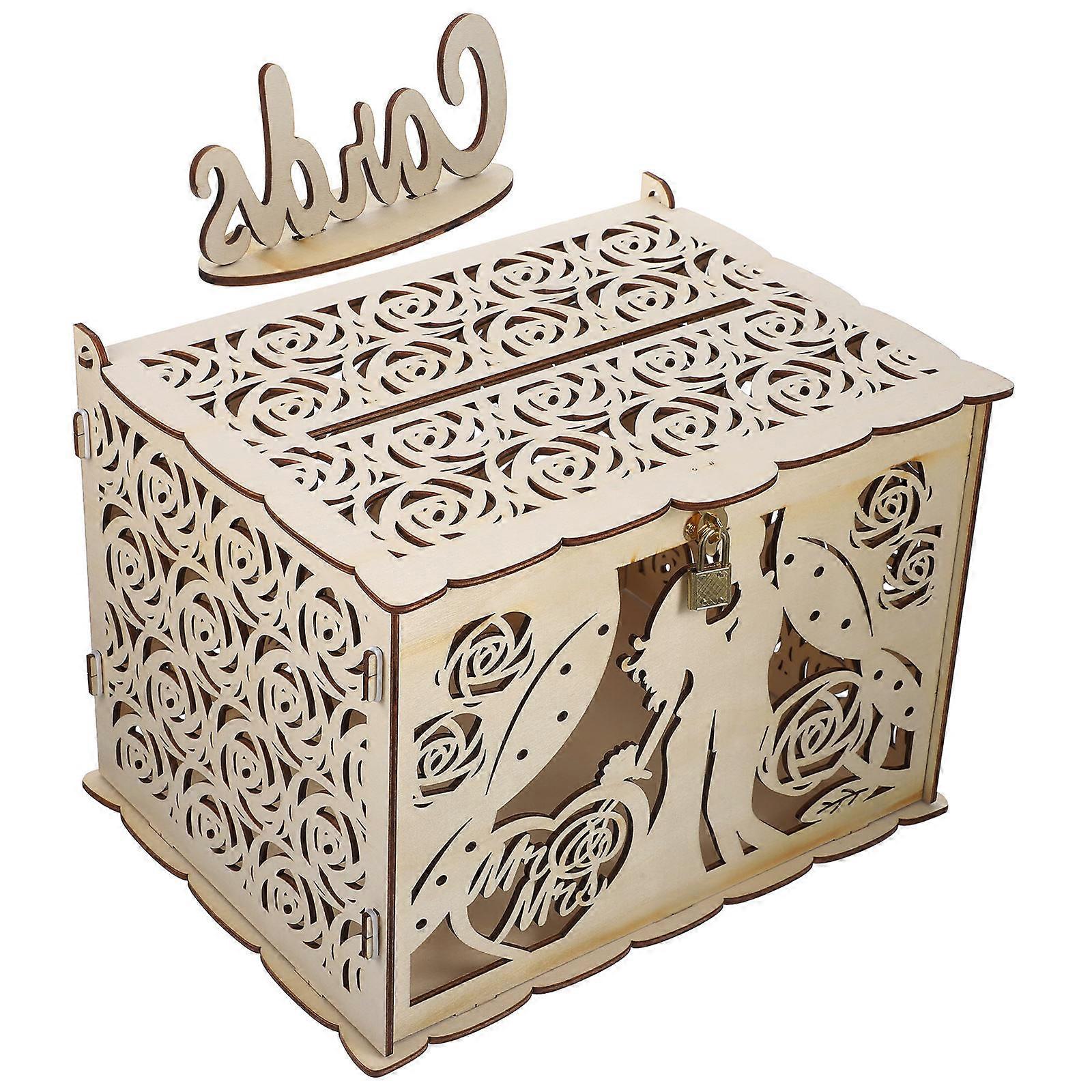 Wooden Wedding Card Box for Home Light Brown Hollow Design with Collapsible Feature 9.84x6.3x5.12 Inches