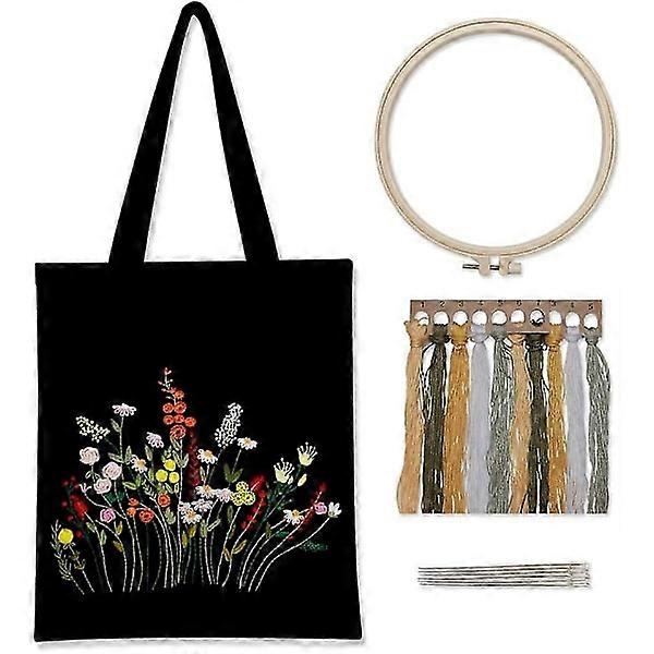 Embroidery Kit for Black Canvas with Pattern and Instructions Includes an Embroidery Bag with Floral Pattern, Bamboo Embroidery Hoops, C-Threads