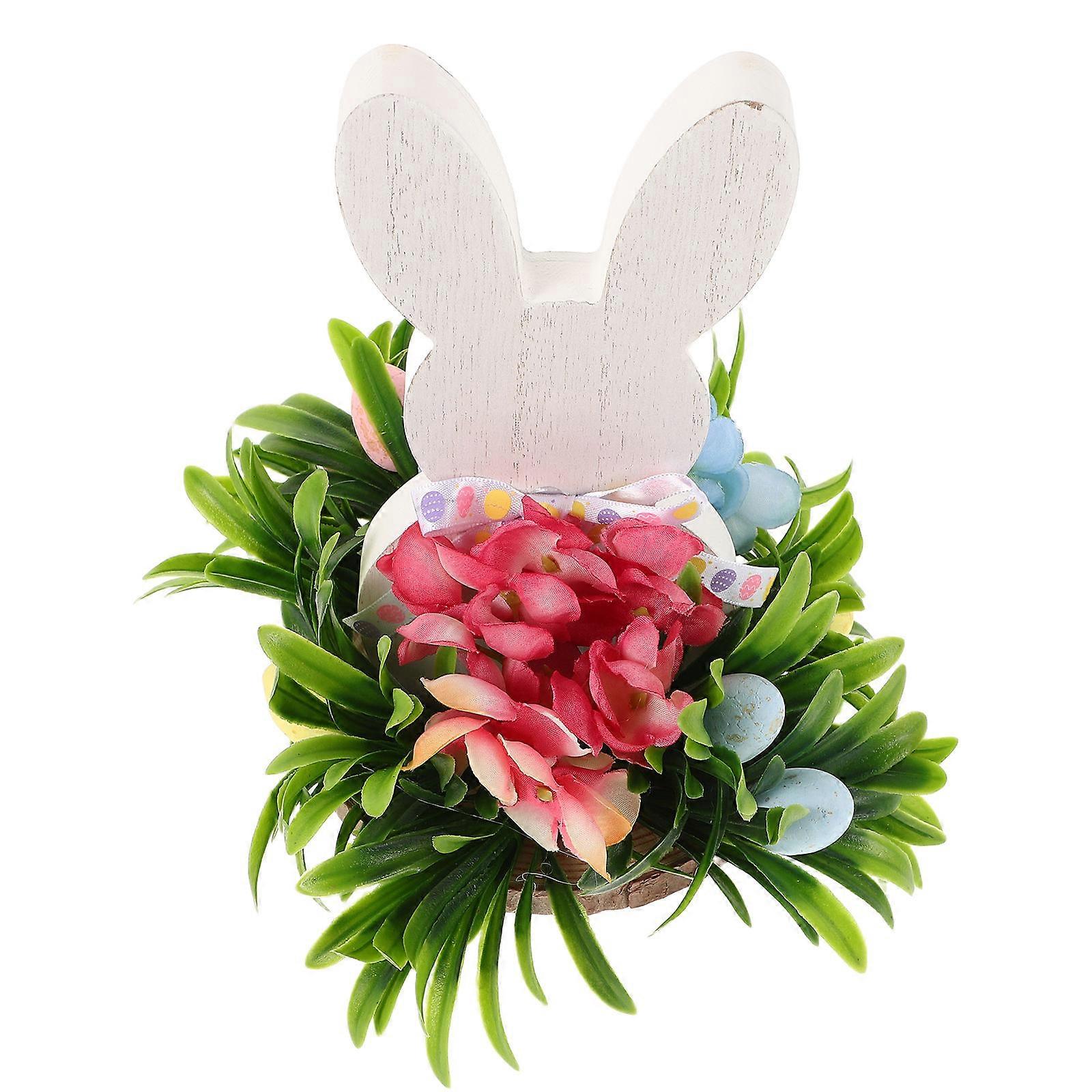 Farmhouse Decor Bunny Shape Table Decoration Craft with Egg and Flower for Tabletop Accessory 1Pack