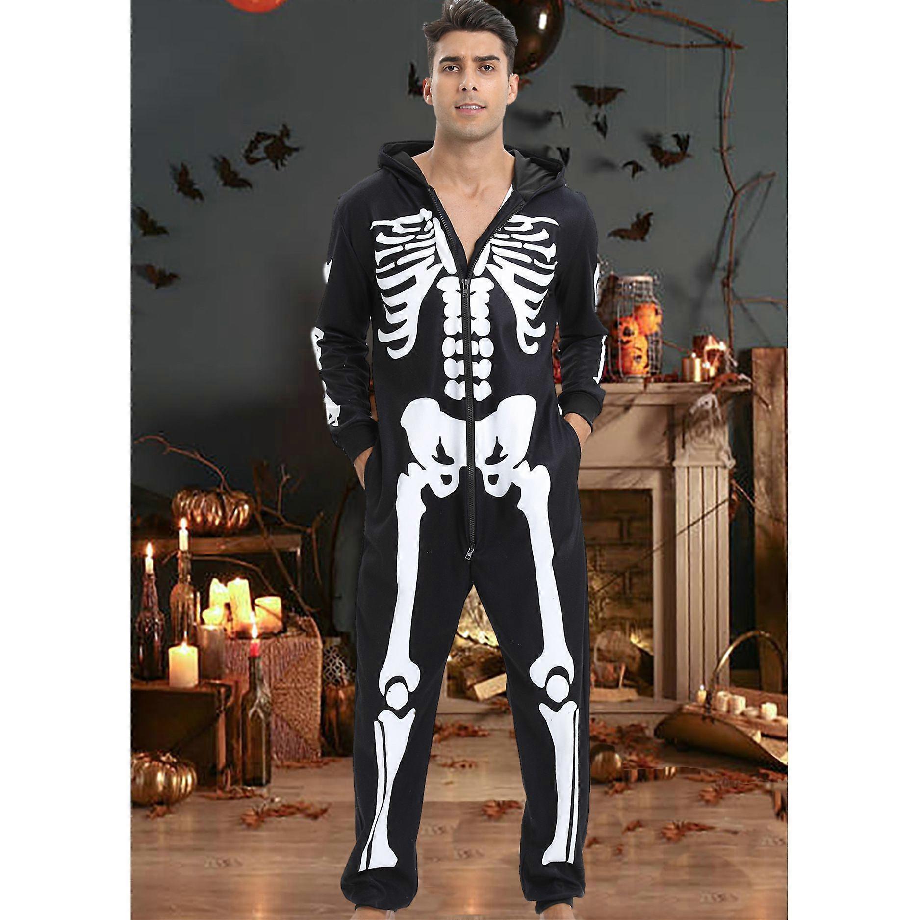 Herre Halloween Skelet Onesie Pyjamas Sort Cosplay Homewear