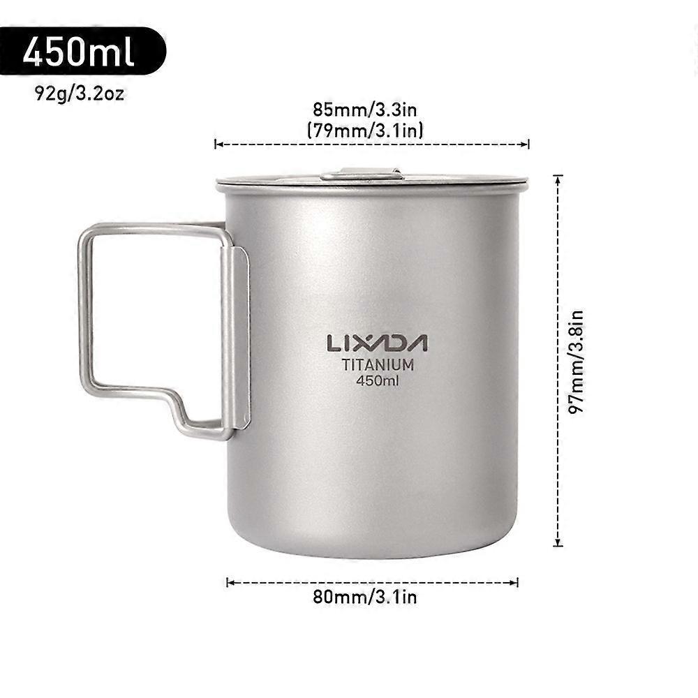 Lixada 450ml/550ml Lightweight Titanium Water Cup with Lid Coffee Cup Mug Tea Cup with Foldable Handles for Camping Hiking Backpacking Picnic