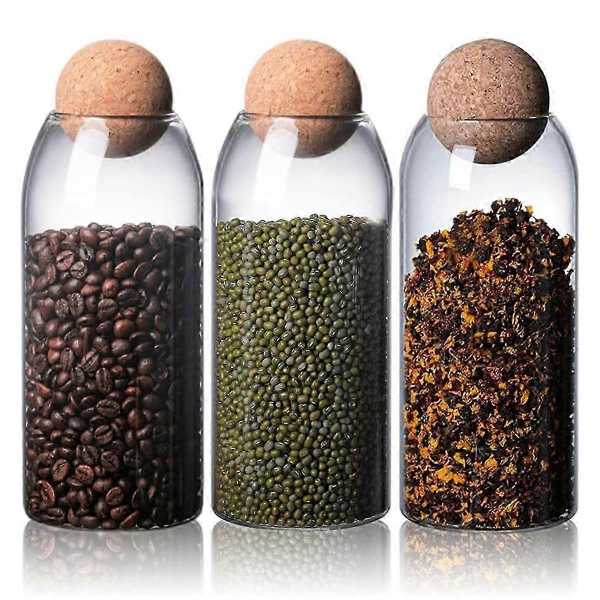 Glass Food Storage Jars with Cork Lids - Set of 3, 1150ml Jars - Glass Containers for Safe Storage