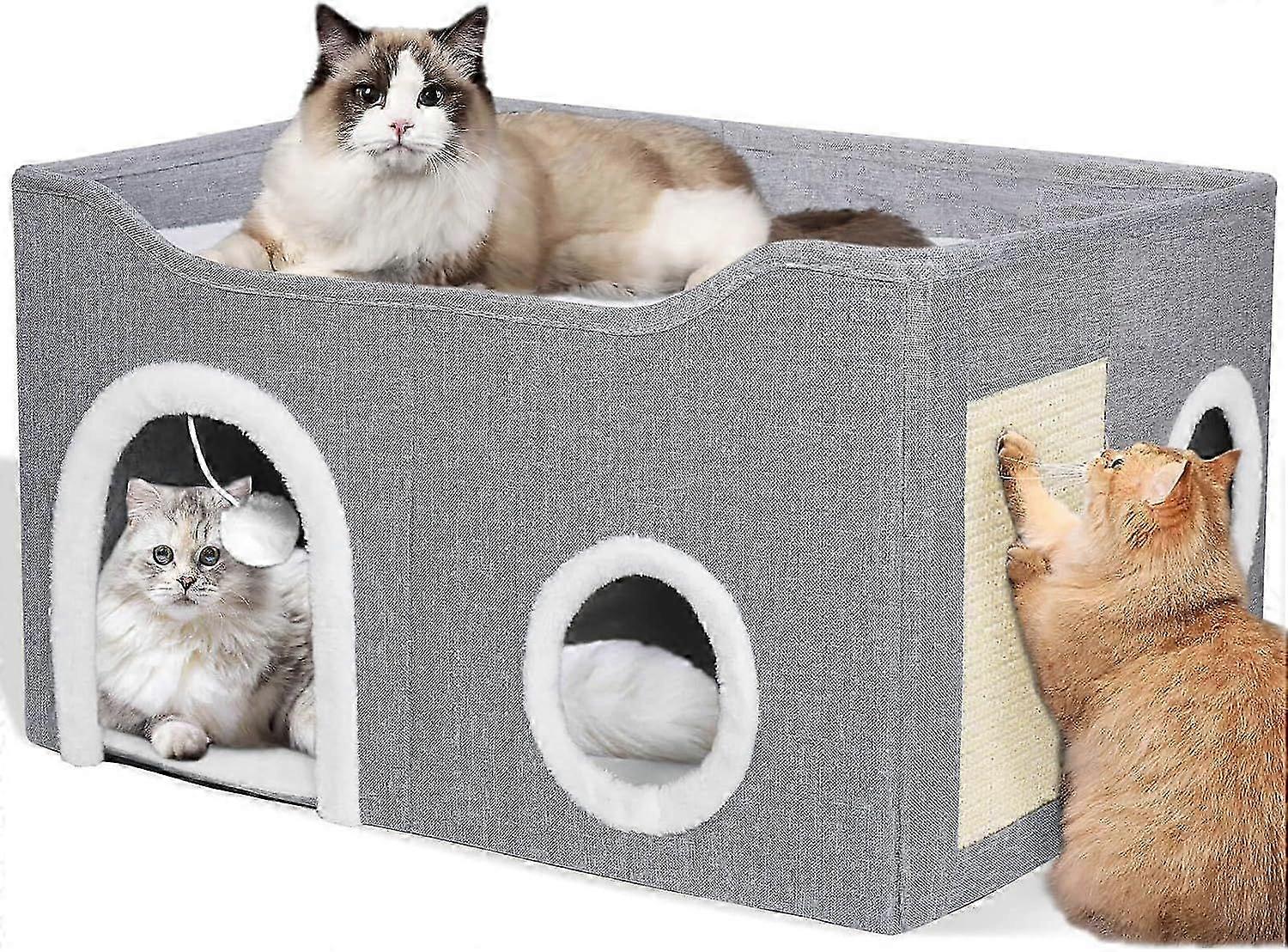 2025 Foldable Cat House, 2-Layer Large Soft Cat Bed Cave Cube with Scratching Board, Hideaway and Fluffy Ball, Grey