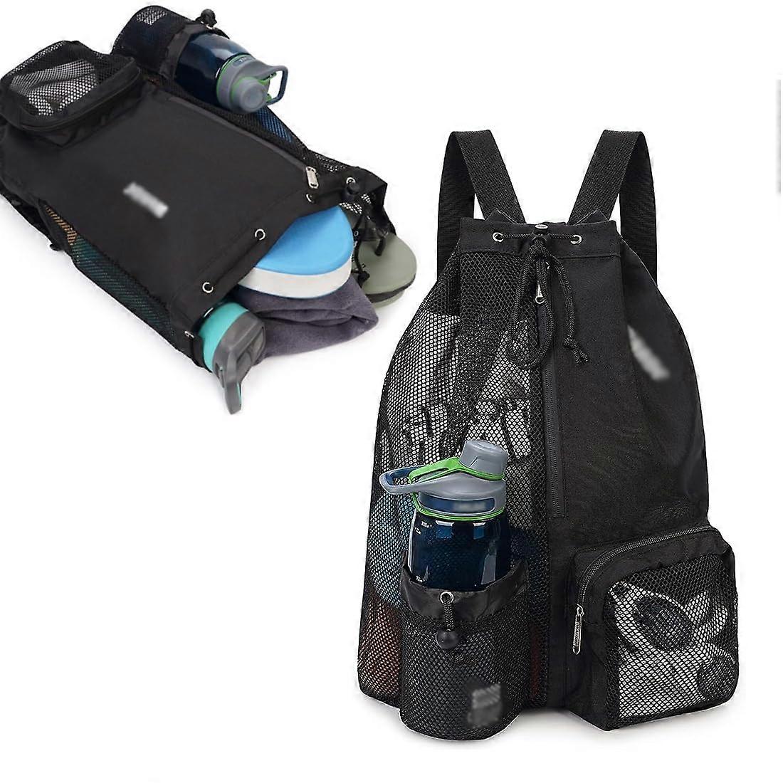 Backpack For Adults, Drawstring Waterproof Swim Bag With Wet Bag, Mesh Beach Gym Gear Bag, Black