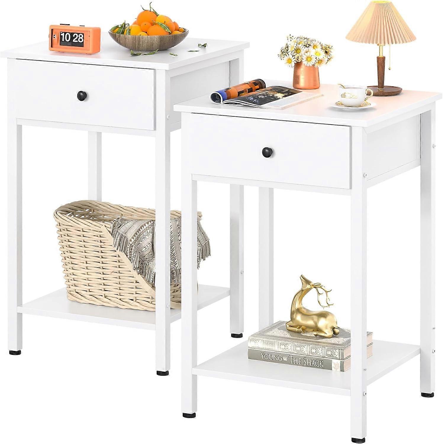 Nightstand Set of 2, 3-Tier Bedside Table with Storage Drawer, Compact Side Tables for Small Space, Bedroom & Sofa, White