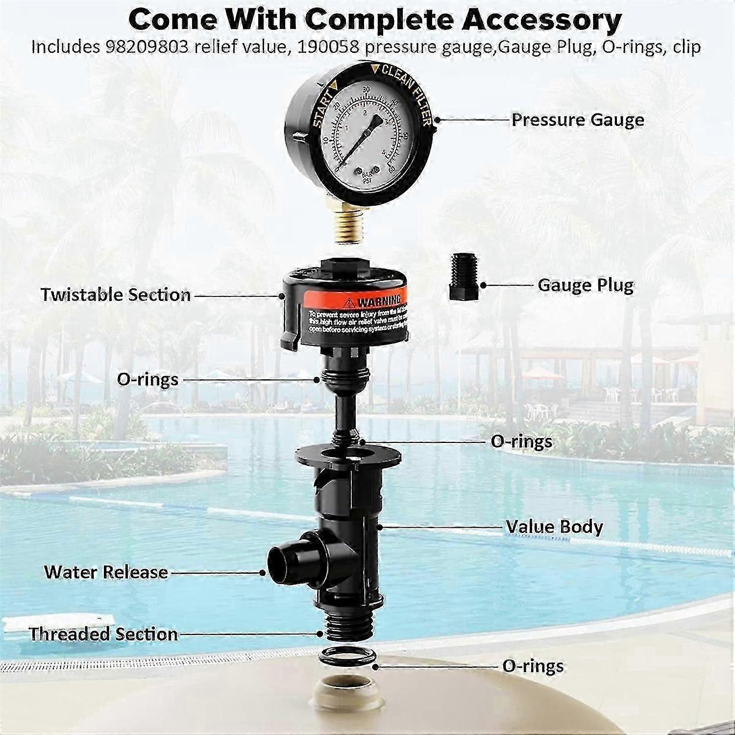 98209800 Pool Filter Pressure Gauge, Manual Bleed Valve Release Valve for Pool and Spa Filters 98209