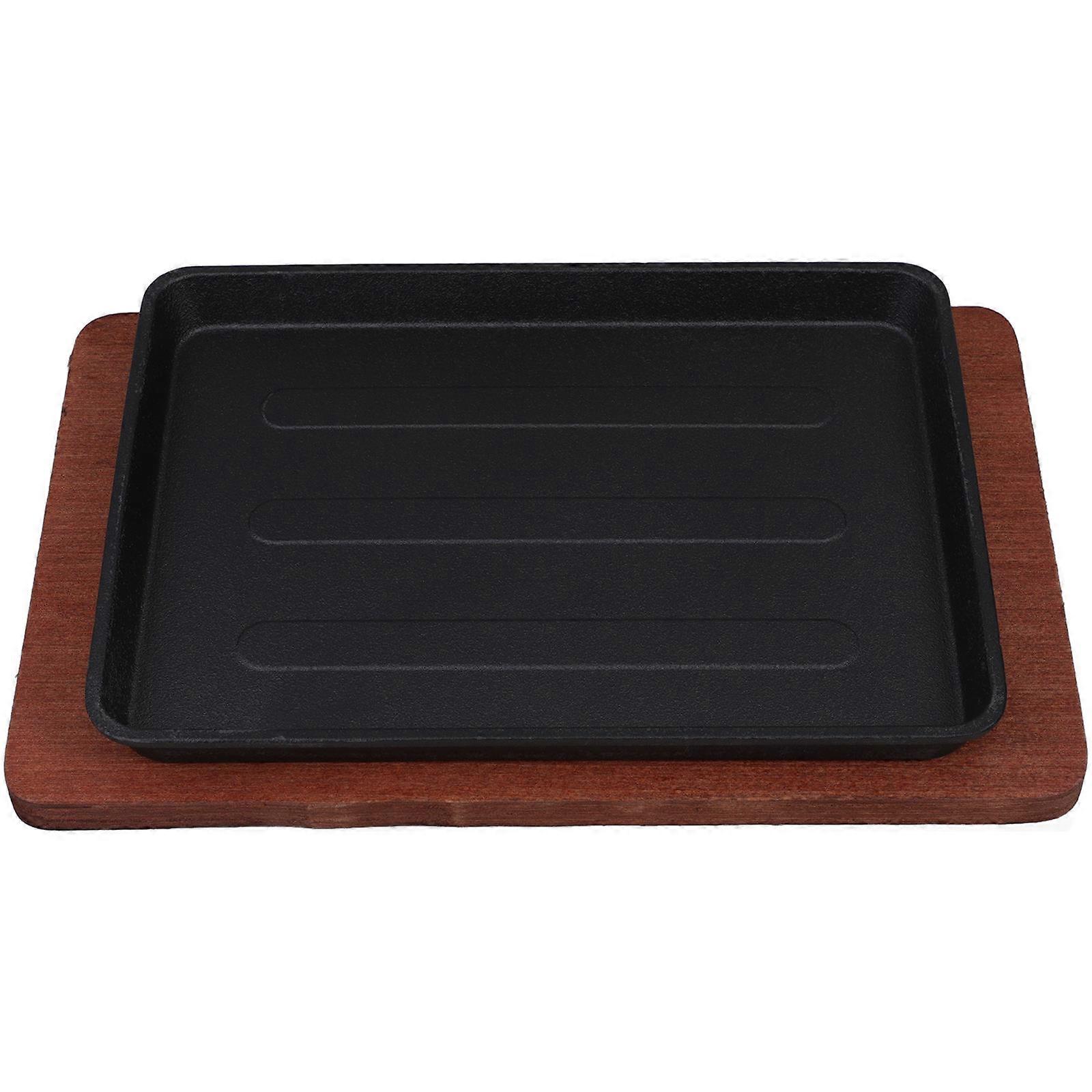 2Pcs Non Stick Cast Iron Fajita Pan With Wooden Plate For Entertaining Guests Frying Square Design