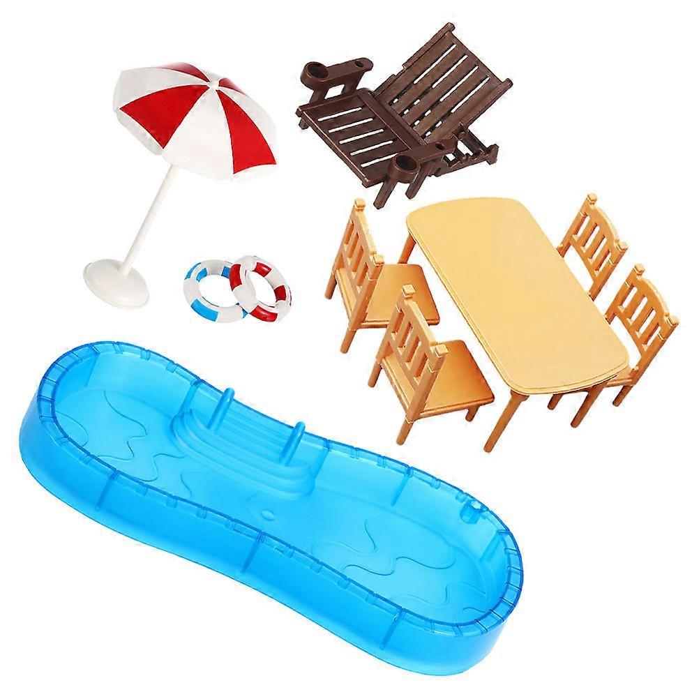 Miniature Dollhouse Swim Pool Set for Playing with 2Sets of Beach Furniture
