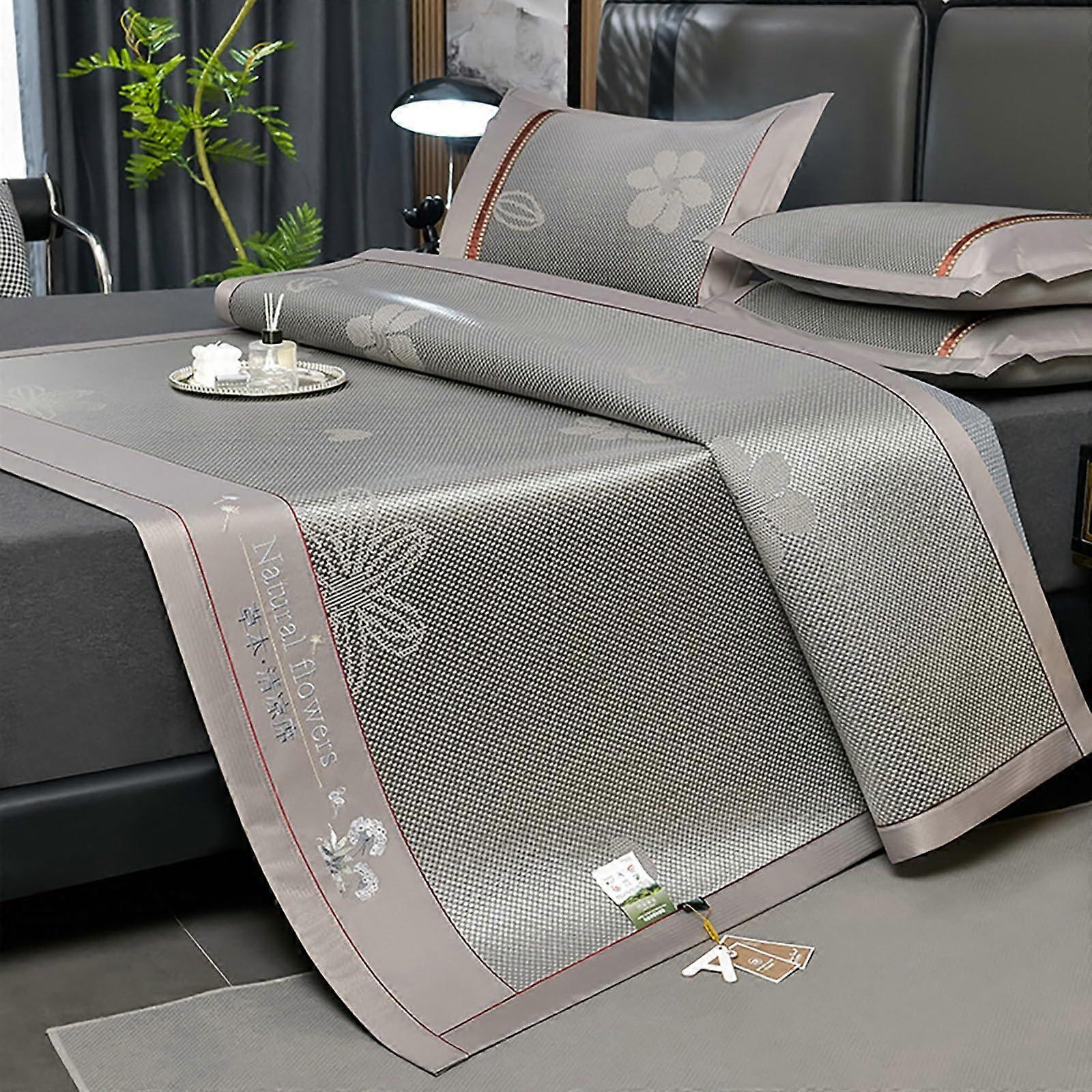 Rattan Cooling Sleeping Mat With Pillowcase  Foldable Ice Silk Bed Mat, 200x220 cm, Light Gray, Easy Clean, Dormitory