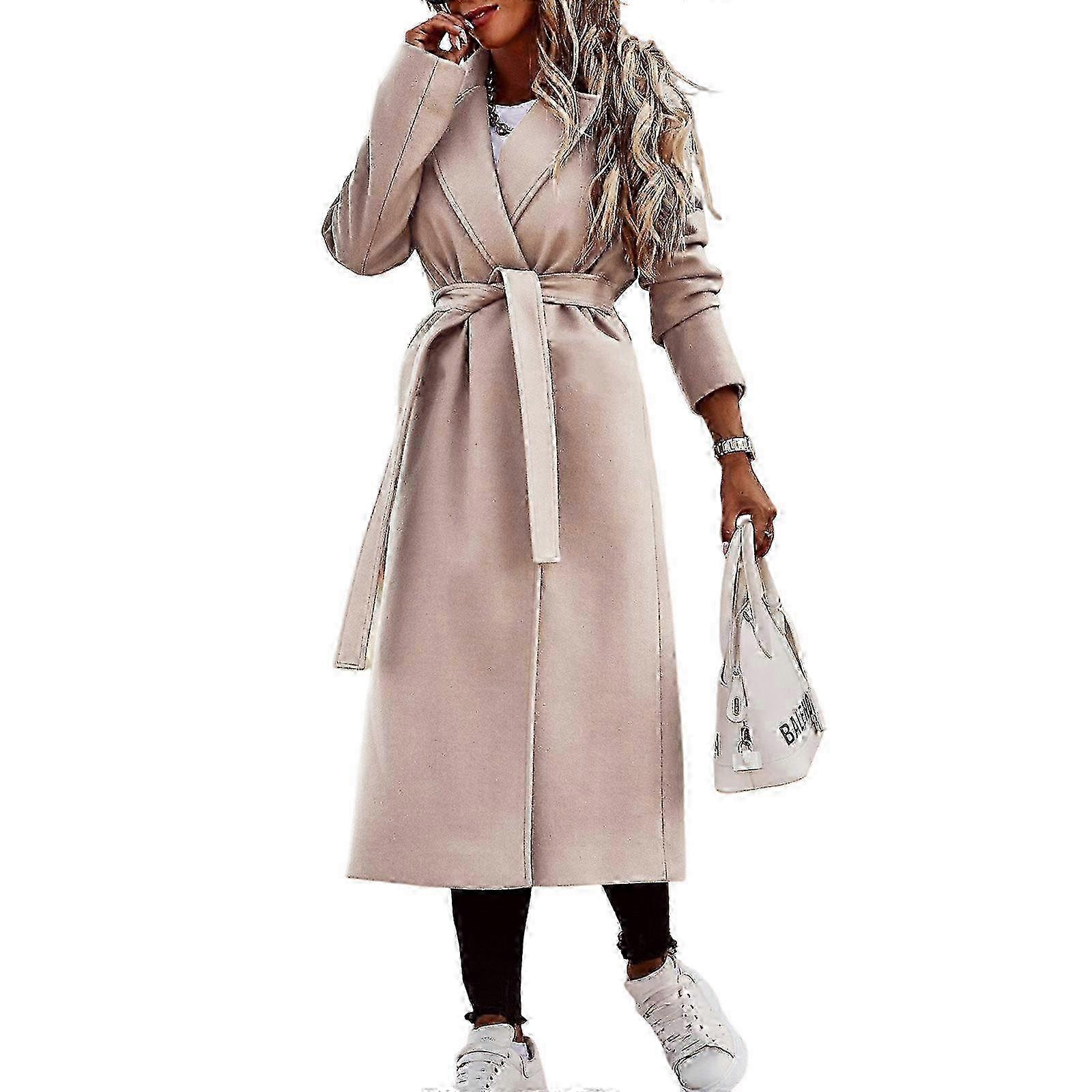 Womens Vintage Faux Wool Wrap Coat with Tie Belt Notched Turn-Down Collar Open Front Midi Long Coat Jackets Outerwear XXL apricot