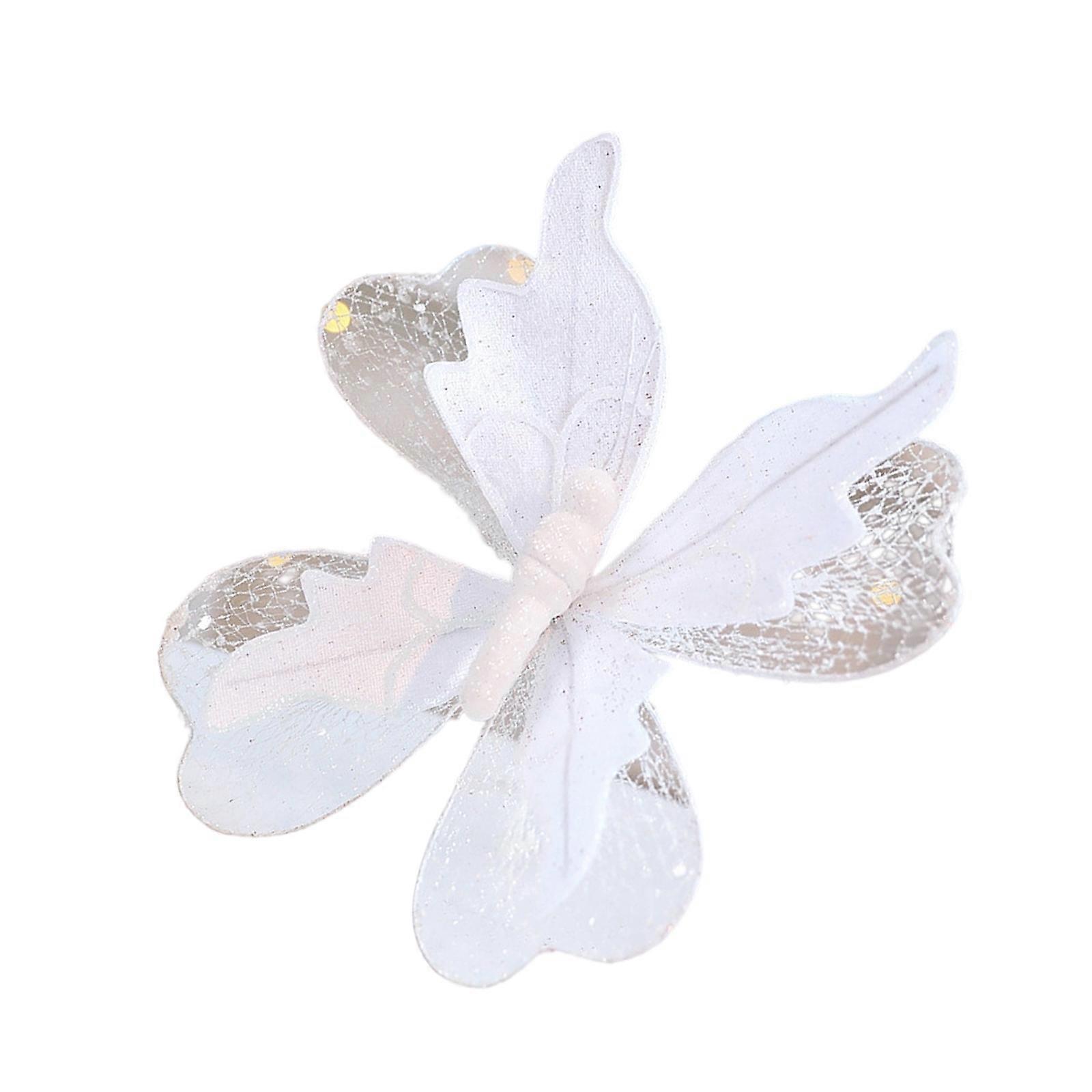 Glittering Butterfly Christmas Decoration Shatter Resistant Fabric Mesh Hanging Ornament For Mantel Window Display  White