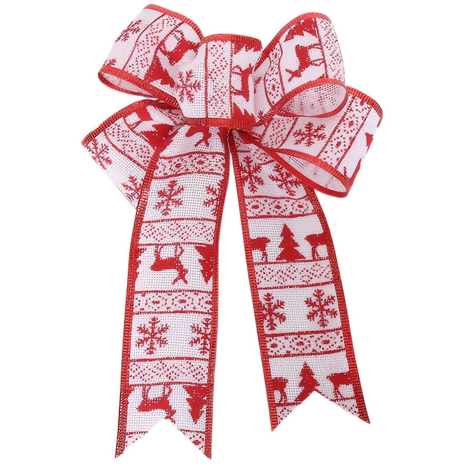Christmas Tree Bow Decoration Red & Beige Ribbon with Reindeer Pattern for Gift Wrapping, Home, Storefront & Party Decor 21x25.2 cm