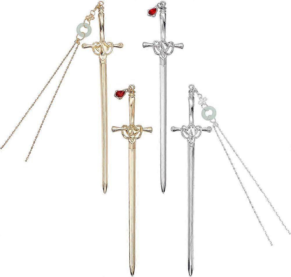 4 Pcs Katana Bookmarks 4 Styles Platinum and Golden Alloy Bookmark with Red Resin Gems or Tassel Shaped Reading Page Markers for Office School Home Li