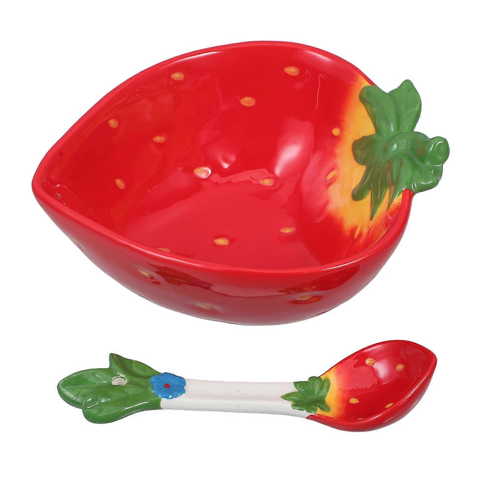 Strawberry Bowl Ceramic for Serving 1Set with Spoon for Home Decor