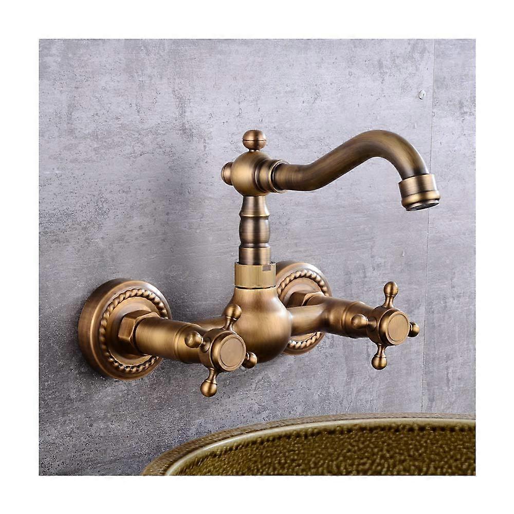 Brass Kitchen Faucet Wall Mount with Double Handle  Arc 360° Rotating Spout Hot and Cold Mixer