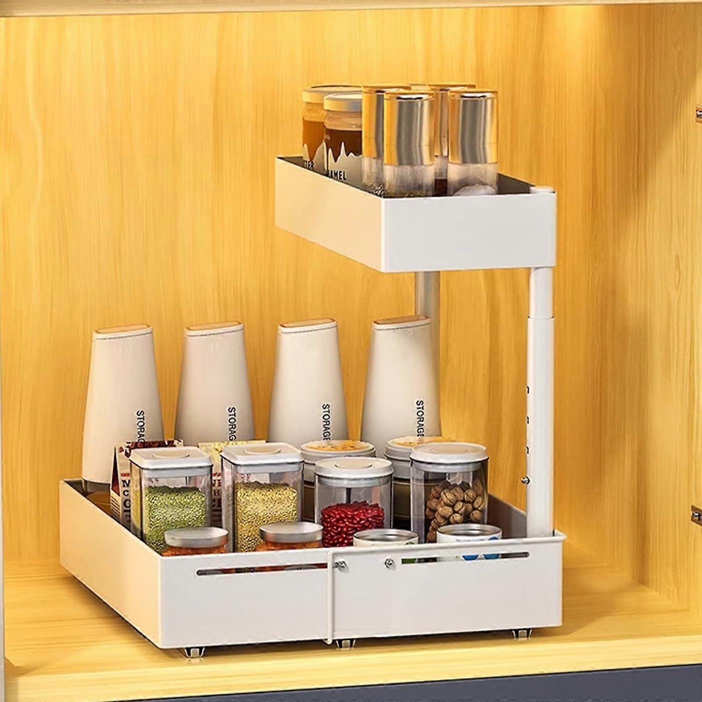 Under Sink Organizer, 2 Tier Adjustable LShaped PullOut Storage Rack for Kitchen and Bathroom, White