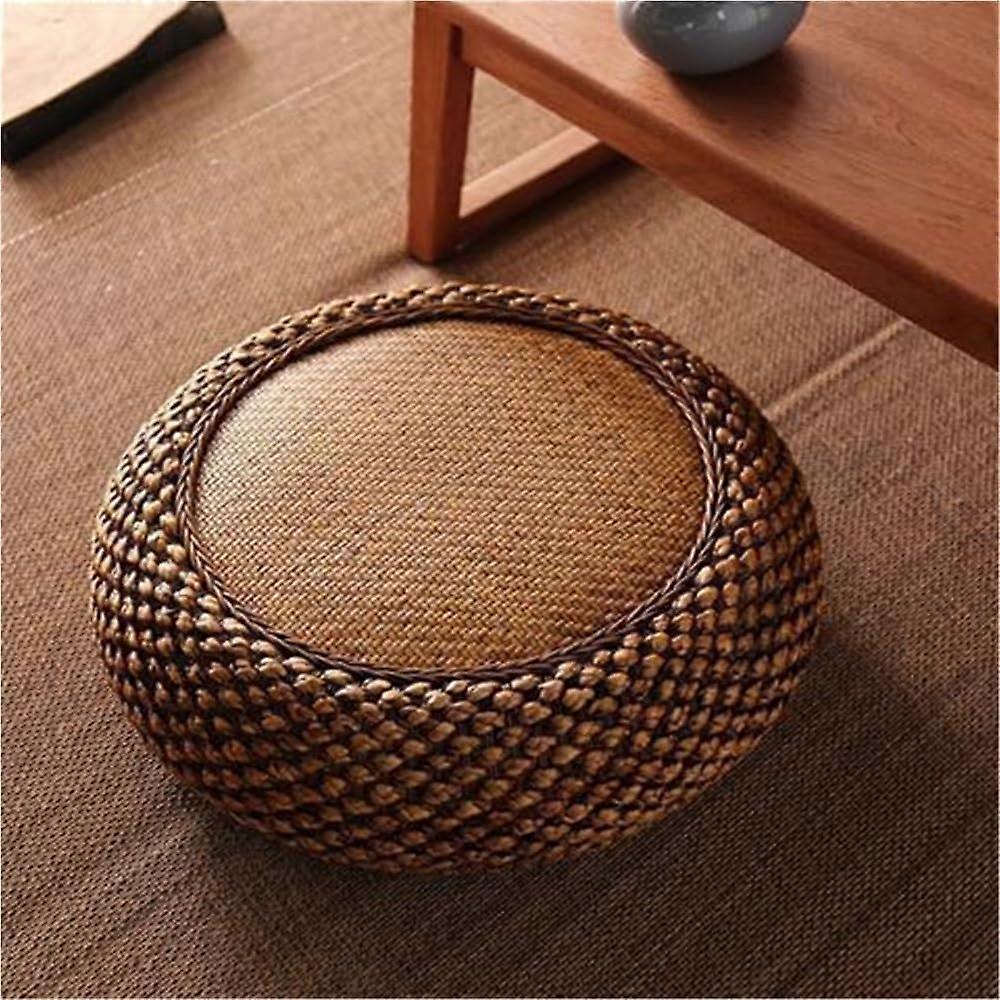 Round Rattan Floor Pouf Meditation Cushion Ottoman, Handmade with Sturdy Wood Frame, 60cm Brown