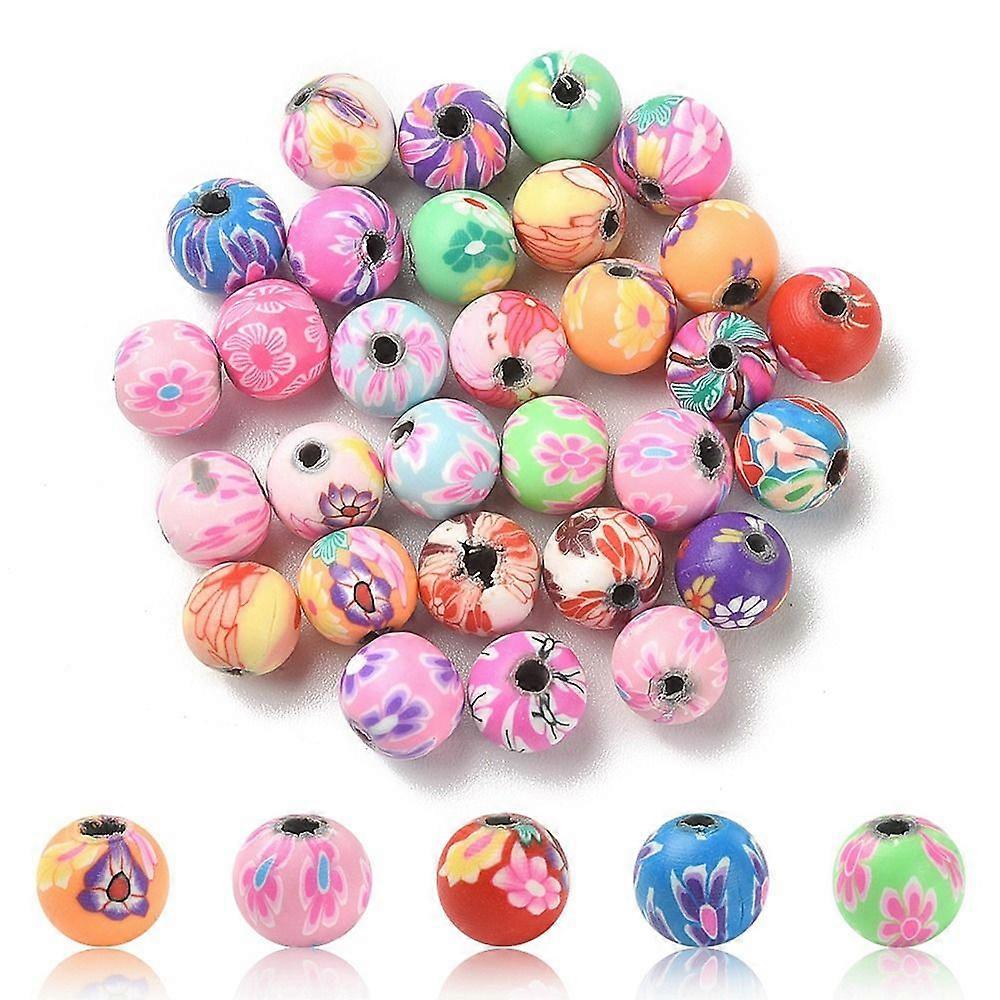 Handmade Polymer Clay Beads Round with Flower Pattern Mixed color 8mm