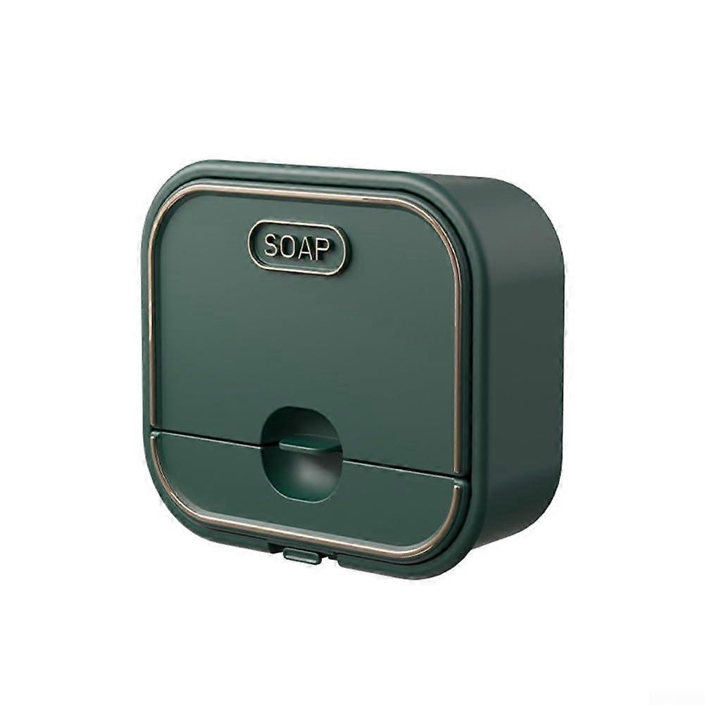 Wall Mounted Soap Dish with Lid, Punch Quick Drain Bathroom Soap Holder, Green Plastic
