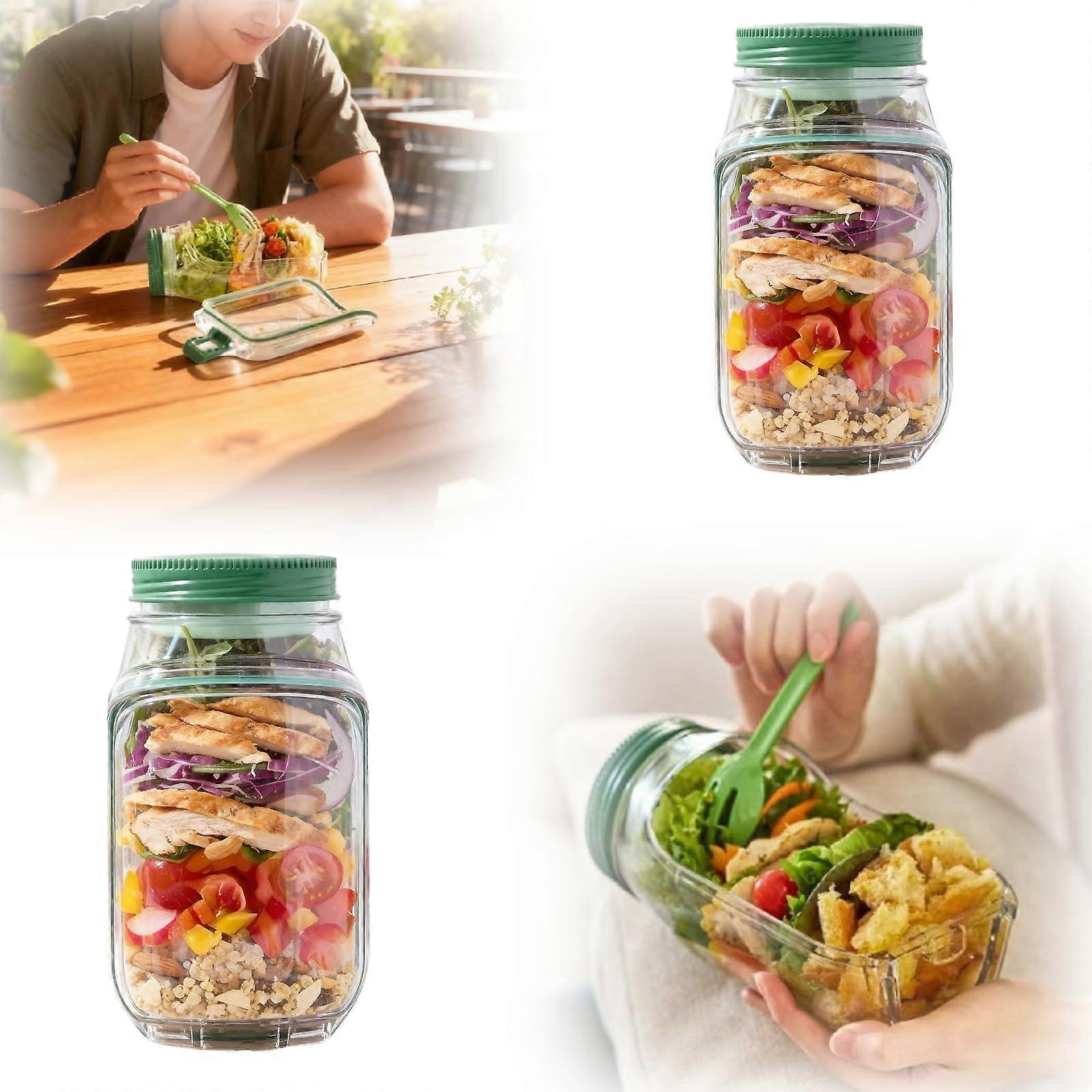 Salad Container with SideOpening Access and Leakproof Dressing Cup, Reusable 4Layer Salad Jar 2PCS
