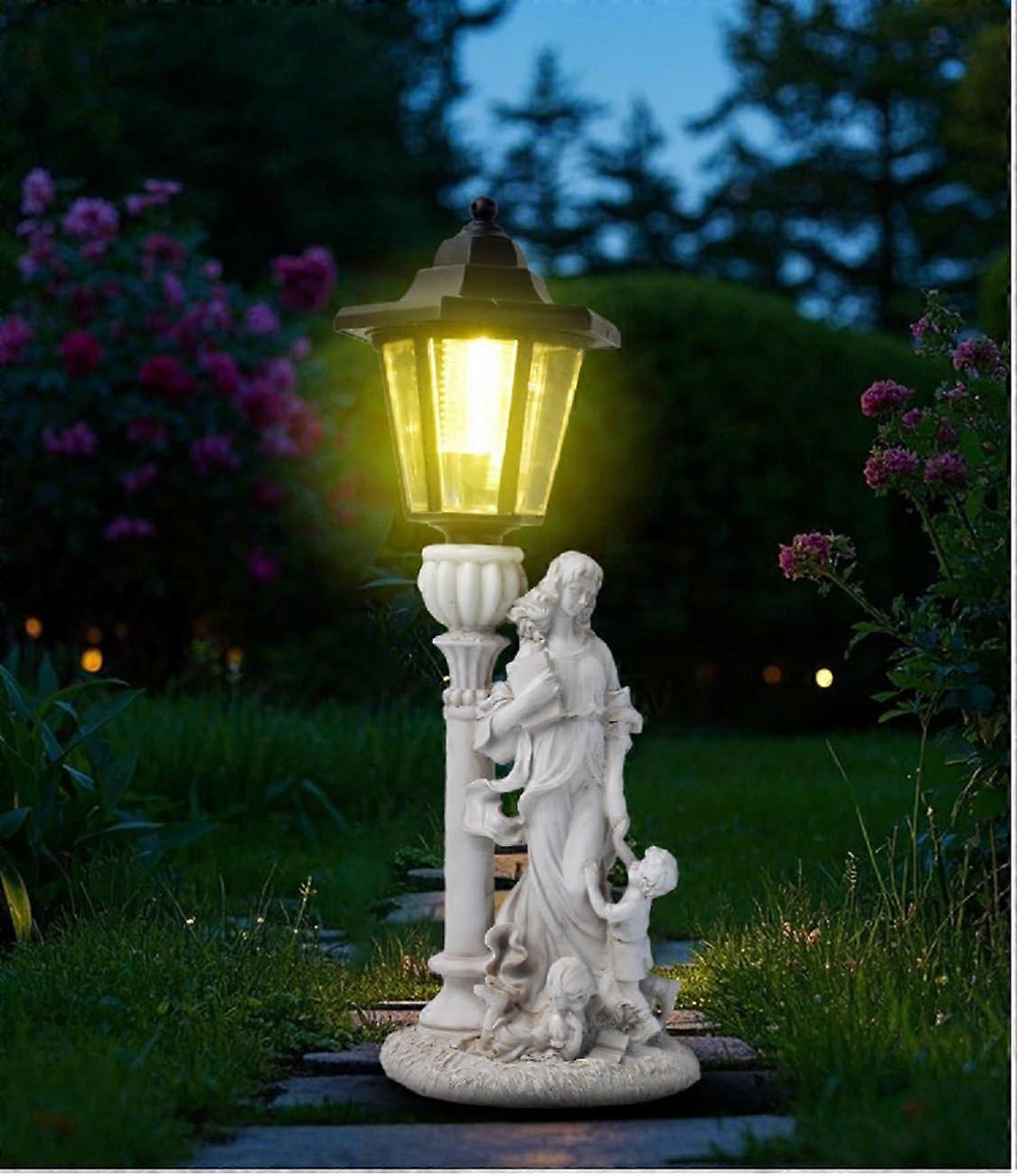 Solar Lamp Post with White LED Lantern, Decorative Statue Base, Solar Powered Outdoor Path Light