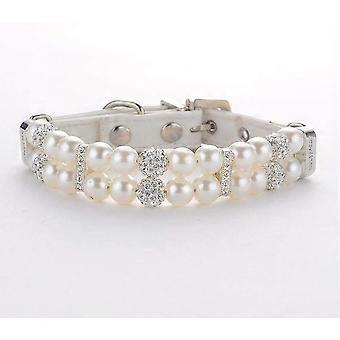 Rhinestone Dog Collar, Beaded Dog Collar, Leather Collar with Pearls, Christmas Decoration for Puppies, Cats and Pets, Size M 1.5 x 33 cm