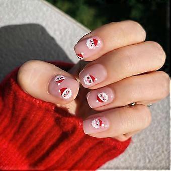 Christmas Press On Nails Short Square Nude Design with Cute Santa Claus Acrylic Glue On Nails for Women