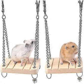 Hamsterschaukel aus Holz mit Glöckchen, 2er-Pack, natürliches Kiefernholz, Haustierspielzeug für Chinchillas und Kleintiere, Käfigzubehör aus Edelstahl, rutschfestes Design