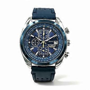Orologio cronografo da uomo di lusso Blue Angels Style Eco-Drive, cassa in acciaio bianco, quadrante blu, cinturino in pelle blu, resistente all'acqua fino a 100 metri.