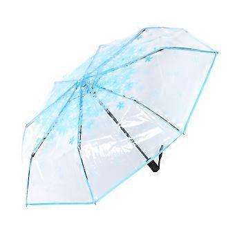 Blue Transparent Automatic Folding Umbrella with Floral Pattern, Fast Auto OpenClose and Wide Coverage