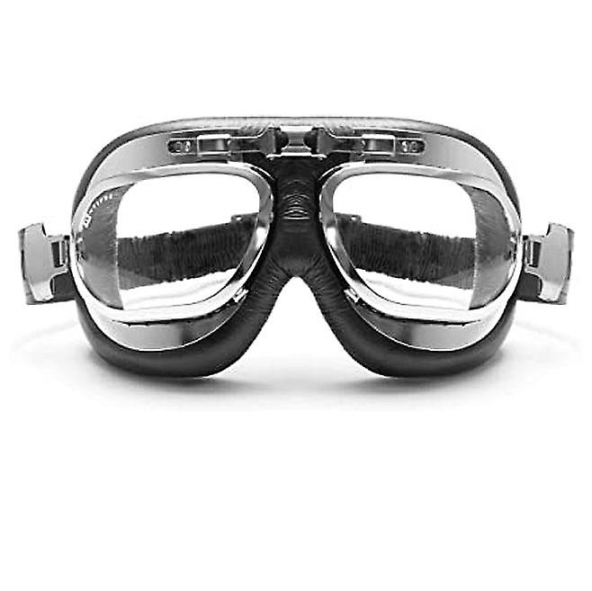 Vintage Aviator Motorcycle Goggles - Anti Fog Lenses - 60's Style - Chrome Steel (black)