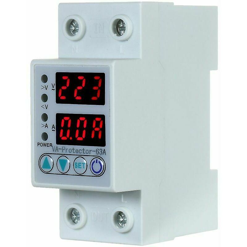 Over and under voltage protection relay, 63A at 220V DIN rail, with dual display for home use.