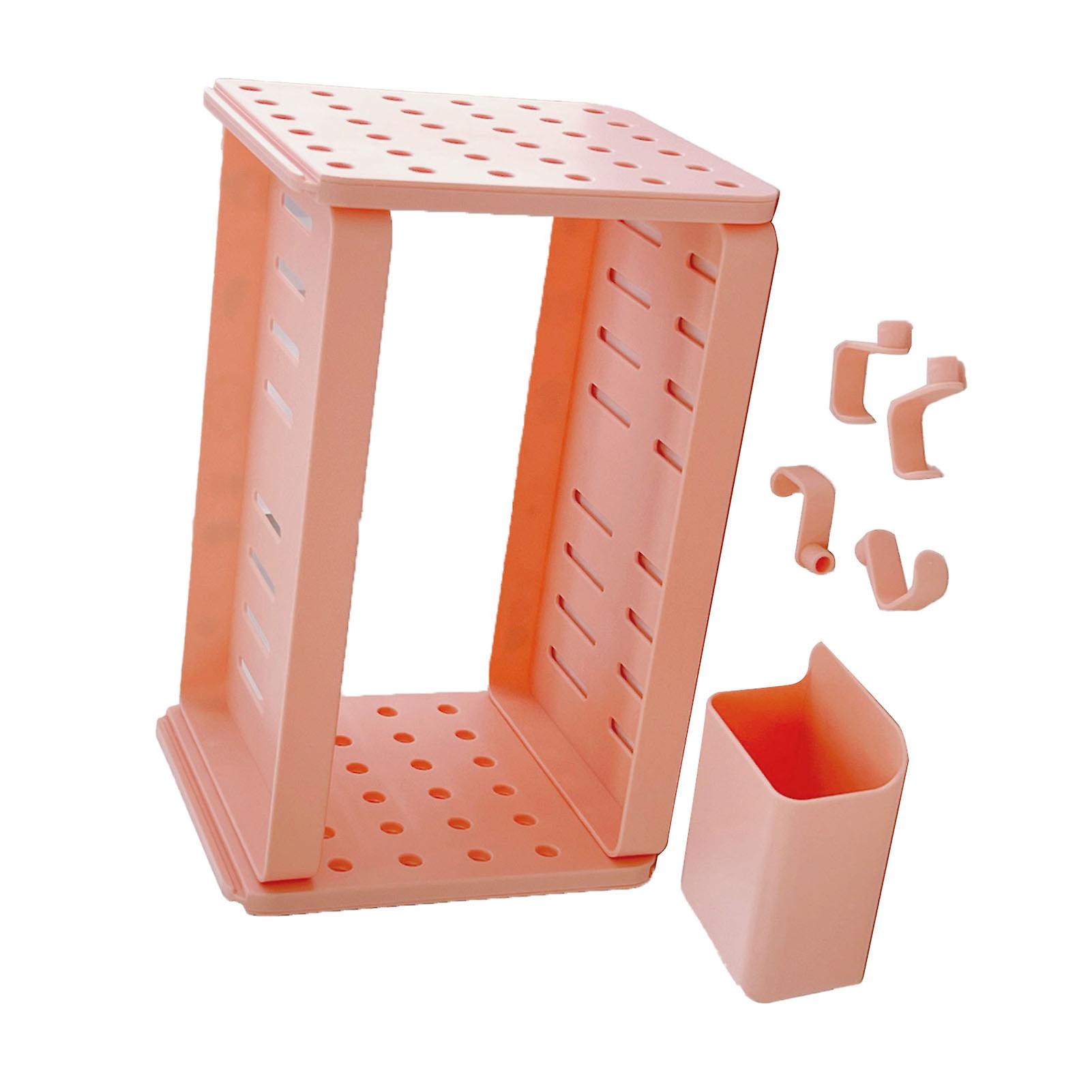 Double Layer Desktop Storage Rack with Hooks & Pen Holder, Light Pink