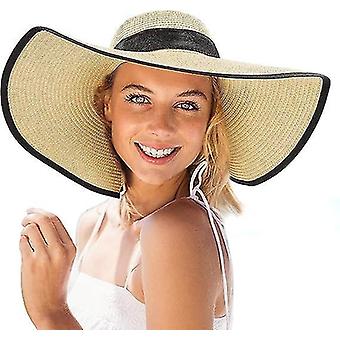 Women Straw Sun Hat（55-60cm）, Large Wide Brim Straw Hat Ladies Beach Hats Floppy Foldable Roll up Ca