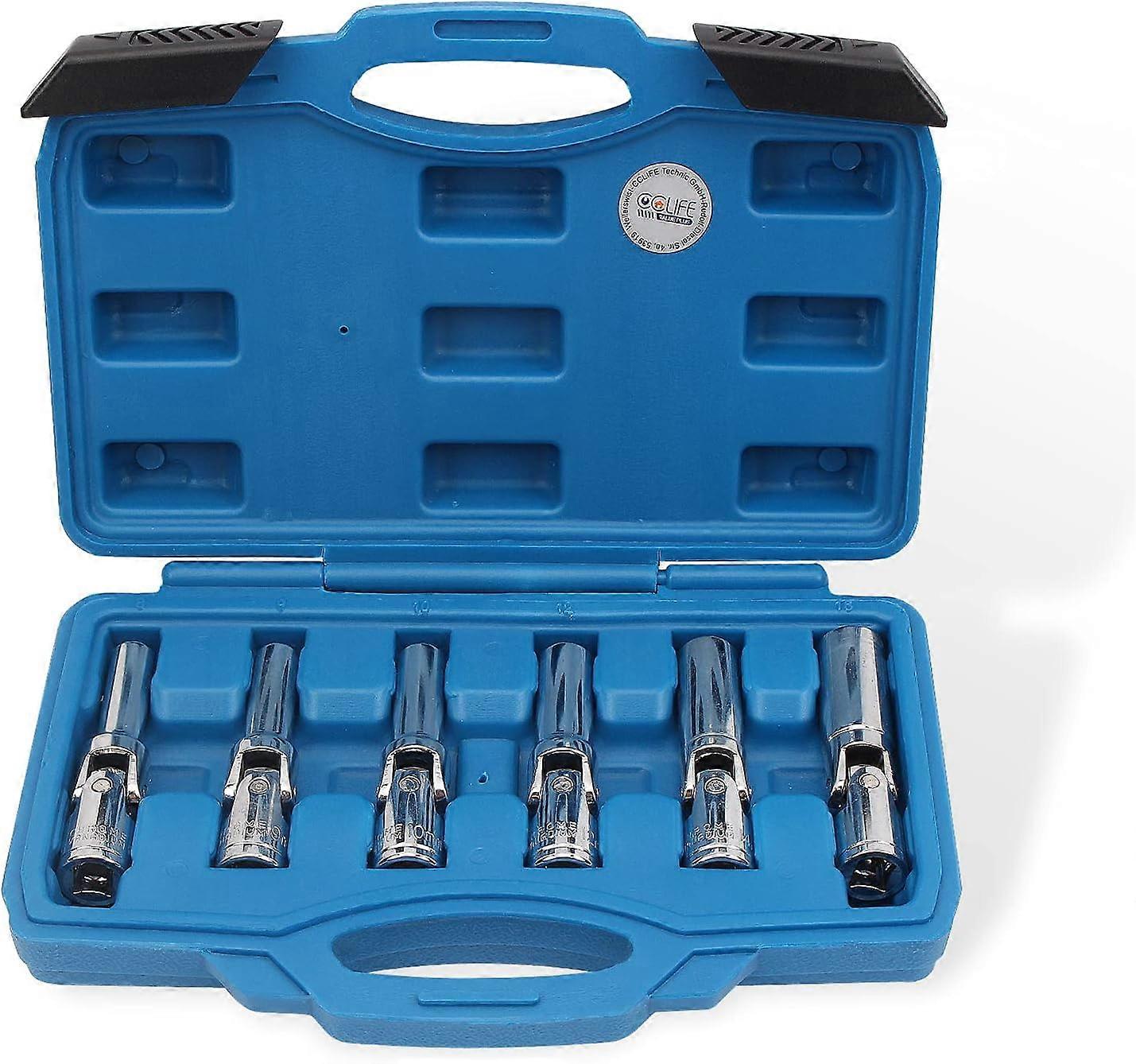 6 Pieces Spark Plug Wrench 3/8" Swing Spark Plug Socket Wrench Set, with 8-9-10-12-14-16mm Gimbal, Swivel Design CR-V Material