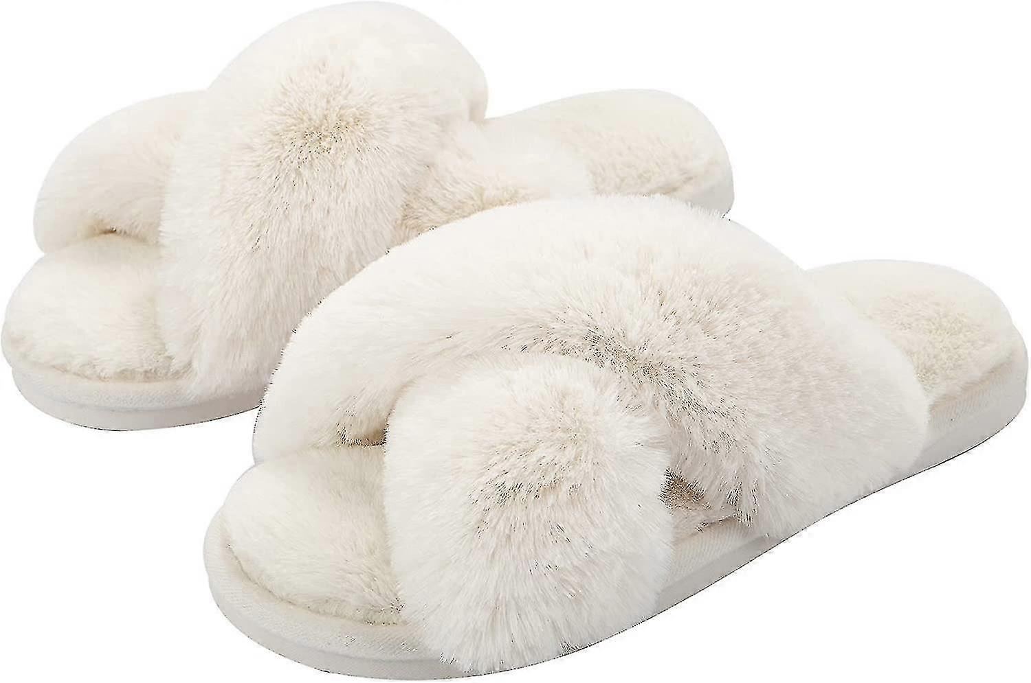 Women's Fuzzy Slippers House Slippers Cross Band Slippers Indoor Outdoor Soft Plush On Open Toe Slippers