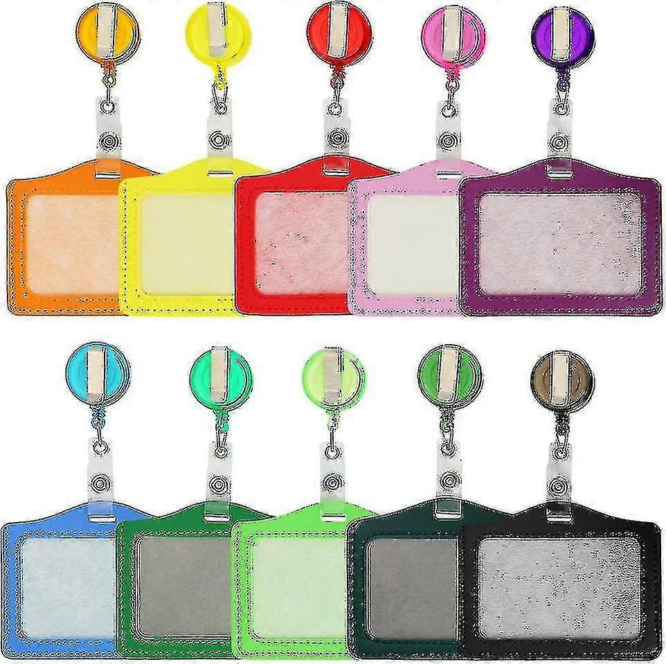10 Pcs Name Badge Holder Pu Leather Id Card Holder With Retractable Badge Z